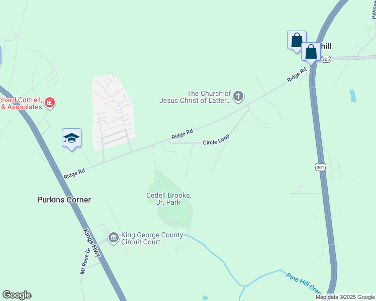 map of restaurants, bars, coffee shops, grocery stores, and more near 11138 Circle Loop in King George