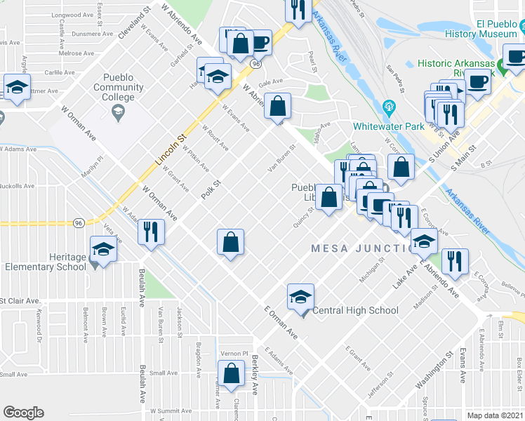 map of restaurants, bars, coffee shops, grocery stores, and more near 323 Jackson Street in Pueblo