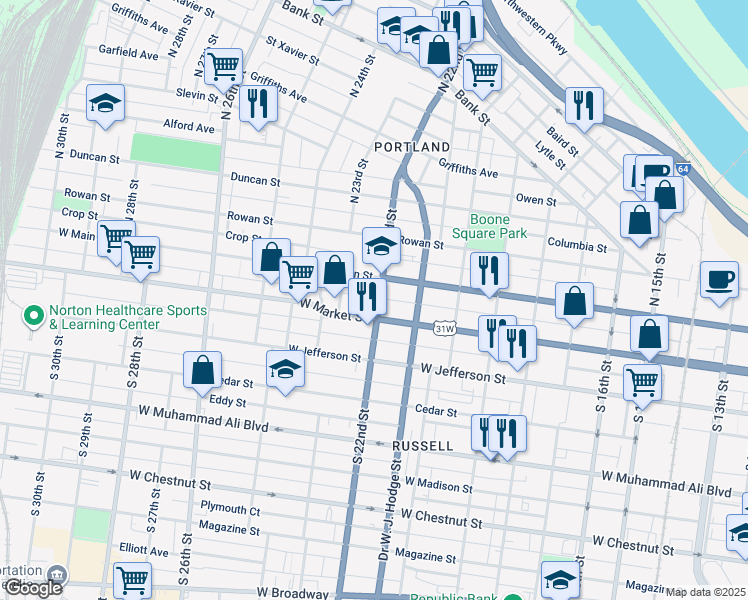 map of restaurants, bars, coffee shops, grocery stores, and more near 116 South 22nd Street in Louisville