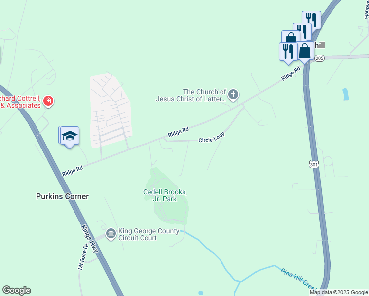 map of restaurants, bars, coffee shops, grocery stores, and more near 11138 Circle Loop in King George