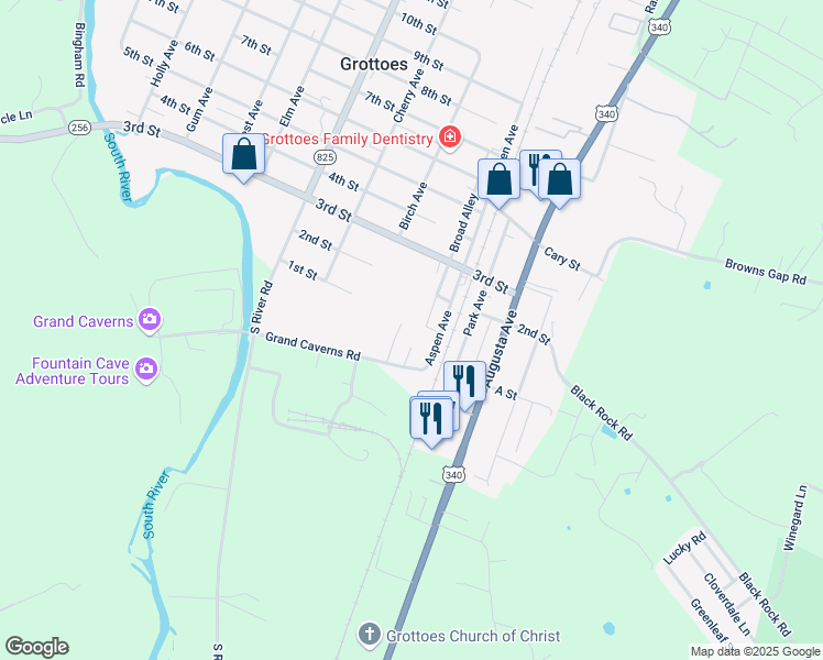 map of restaurants, bars, coffee shops, grocery stores, and more near 94 Caverns Boulevard in Grottoes