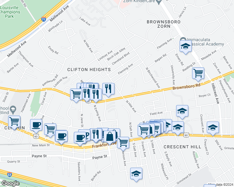 map of restaurants, bars, coffee shops, grocery stores, and more near 2701 Brownsboro Road in Louisville