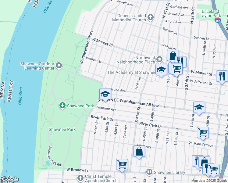 map of restaurants, bars, coffee shops, grocery stores, and more near in Louisville
