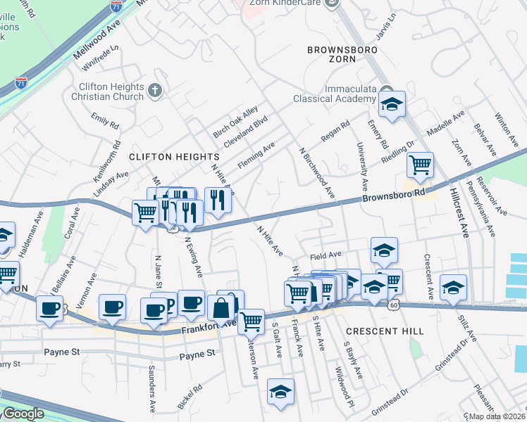 map of restaurants, bars, coffee shops, grocery stores, and more near in Louisville