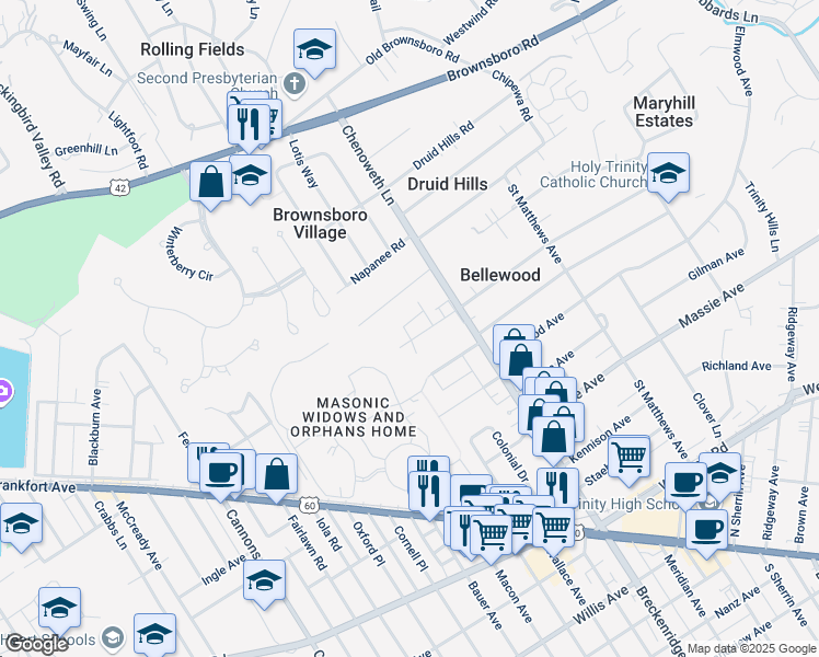 map of restaurants, bars, coffee shops, grocery stores, and more near 3807 Leland Road in Louisville