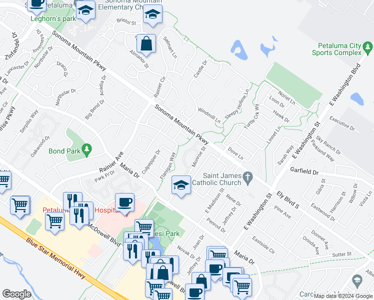 map of restaurants, bars, coffee shops, grocery stores, and more near 1661 Creekview Circle in Petaluma