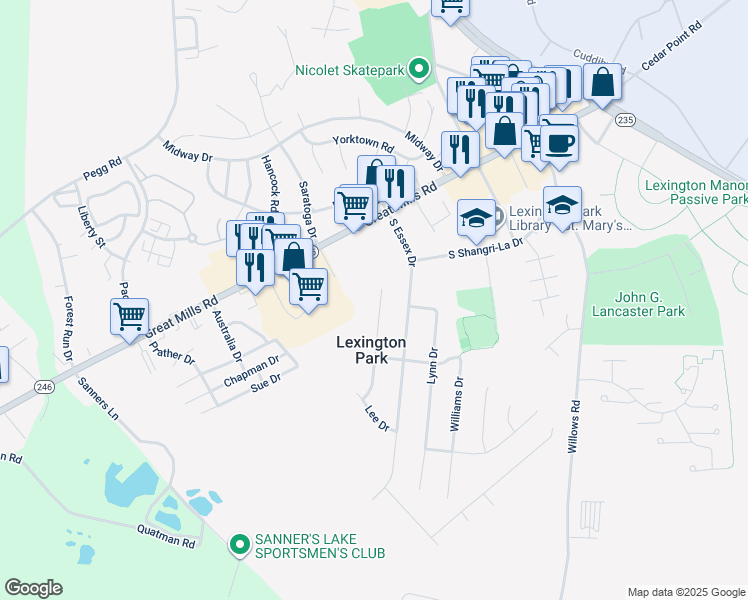 map of restaurants, bars, coffee shops, grocery stores, and more near 21549 Morris Drive in Lexington Park