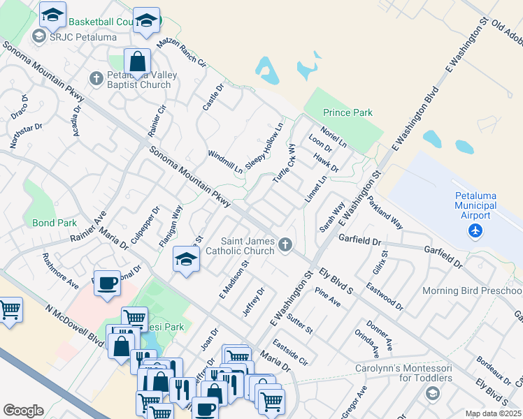 map of restaurants, bars, coffee shops, grocery stores, and more near 394 Dove Lane in Petaluma