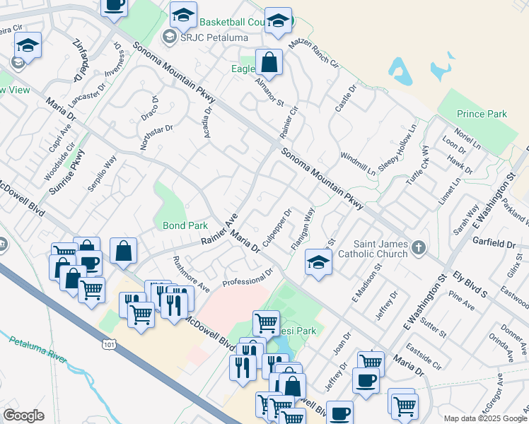 map of restaurants, bars, coffee shops, grocery stores, and more near 405 Trinity Court in Petaluma