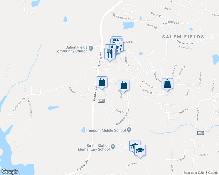 map of restaurants, bars, coffee shops, grocery stores, and more near Finch Lane in Fredericksburg