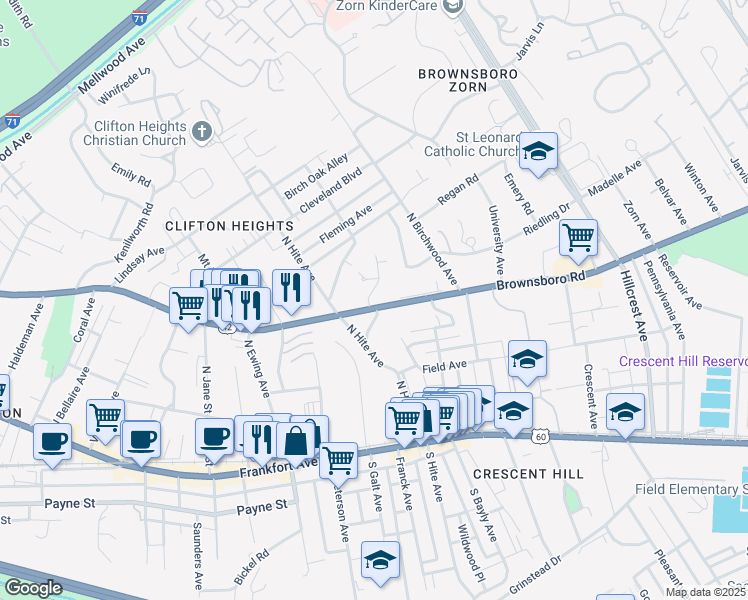 map of restaurants, bars, coffee shops, grocery stores, and more near in Louisville