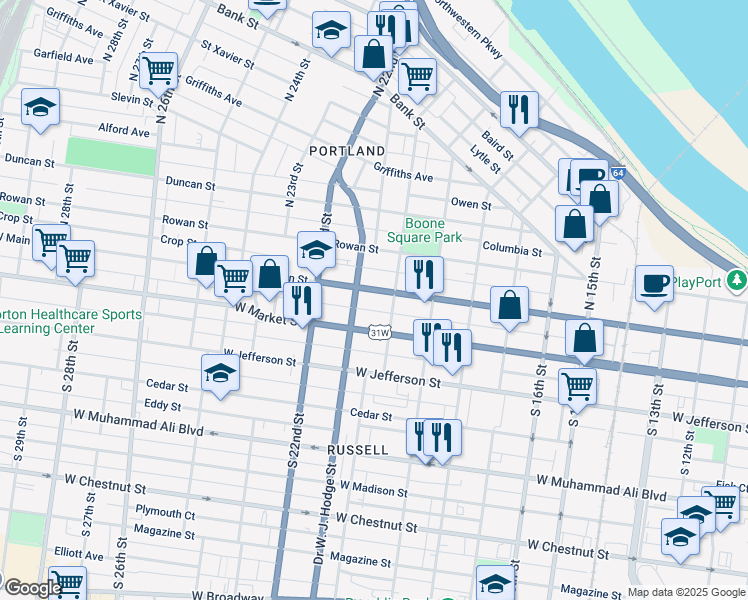 map of restaurants, bars, coffee shops, grocery stores, and more near 114 South 20th Street in Louisville