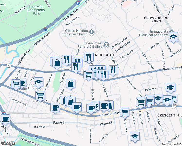map of restaurants, bars, coffee shops, grocery stores, and more near 2108 Biljana Drive in Louisville