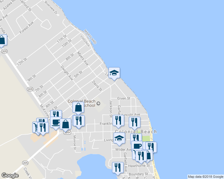 map of restaurants, bars, coffee shops, grocery stores, and more near 926 Garfield Avenue in Colonial Beach