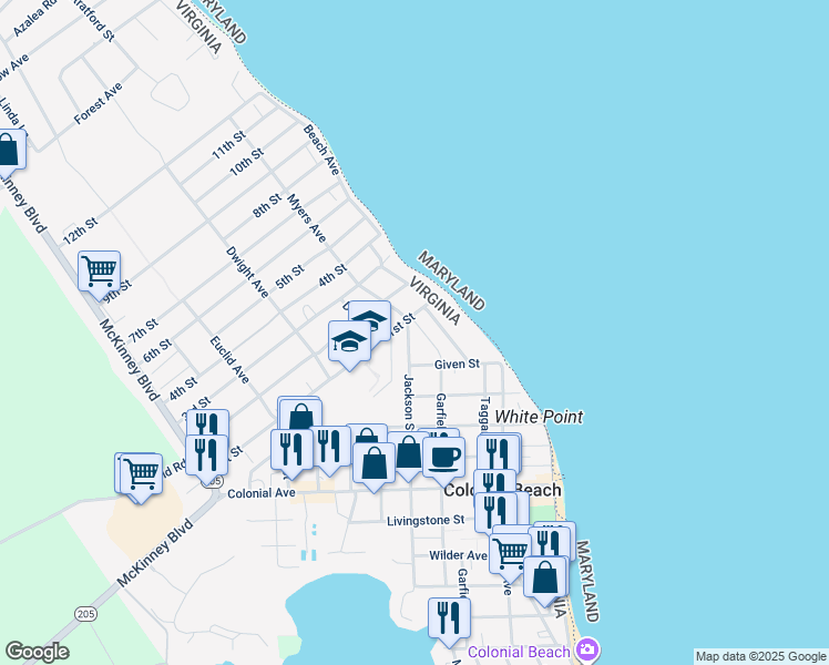 map of restaurants, bars, coffee shops, grocery stores, and more near 926 Garfield Avenue in Colonial Beach