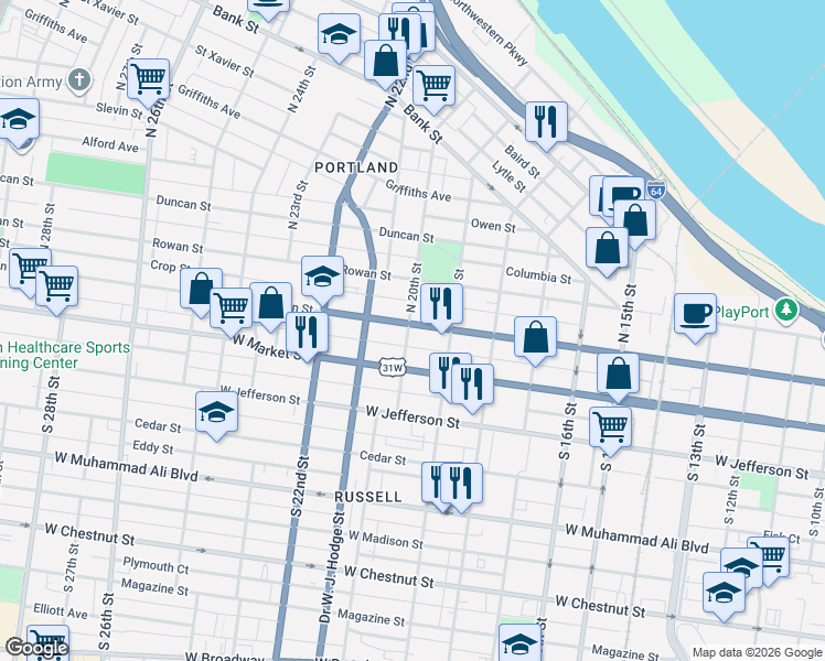 map of restaurants, bars, coffee shops, grocery stores, and more near 114 South 20th Street in Louisville