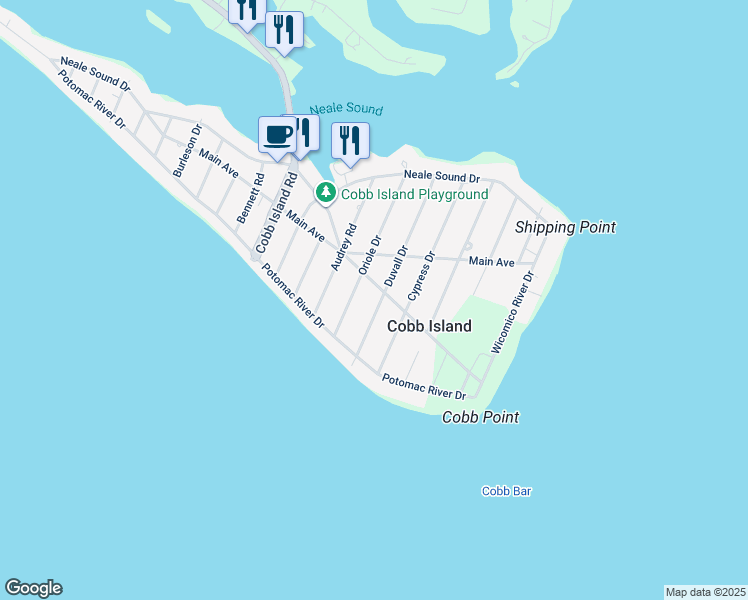 map of restaurants, bars, coffee shops, grocery stores, and more near 17835 Duvall Drive in Cobb Island