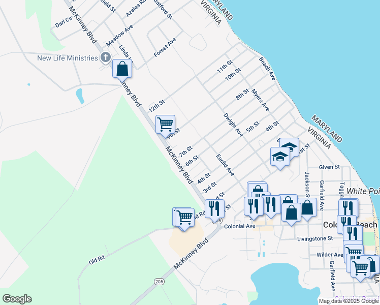 map of restaurants, bars, coffee shops, grocery stores, and more near 328 7th Street in Colonial Beach