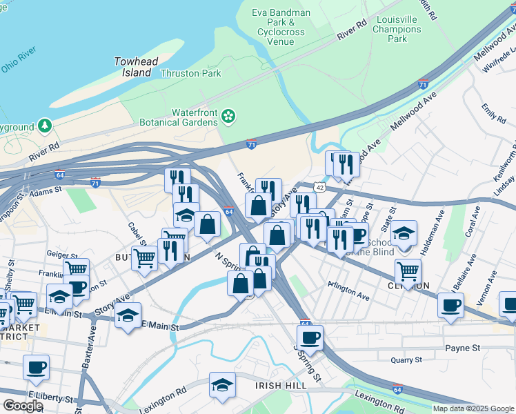 map of restaurants, bars, coffee shops, grocery stores, and more near 1550 Frankfort Avenue in Louisville