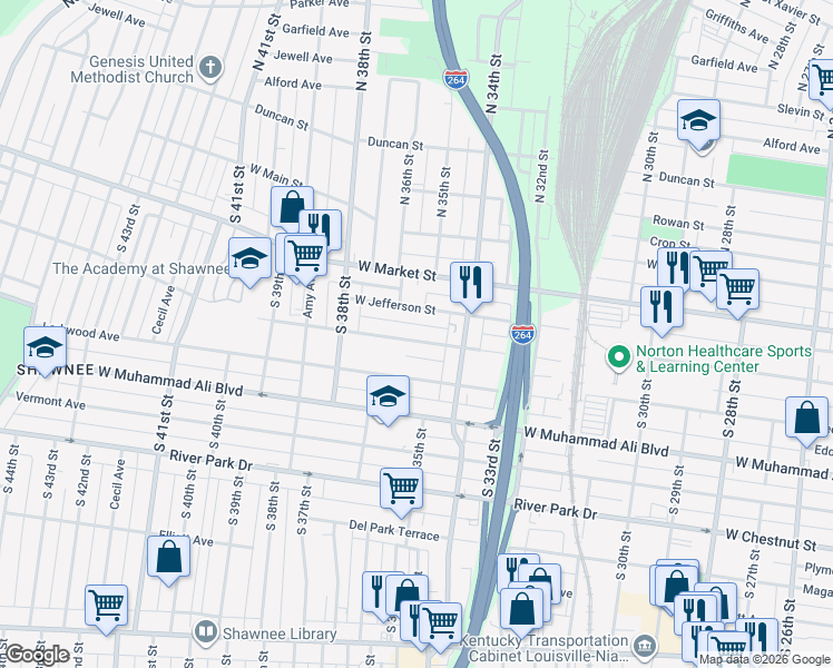map of restaurants, bars, coffee shops, grocery stores, and more near 3508 Herman Street in Louisville