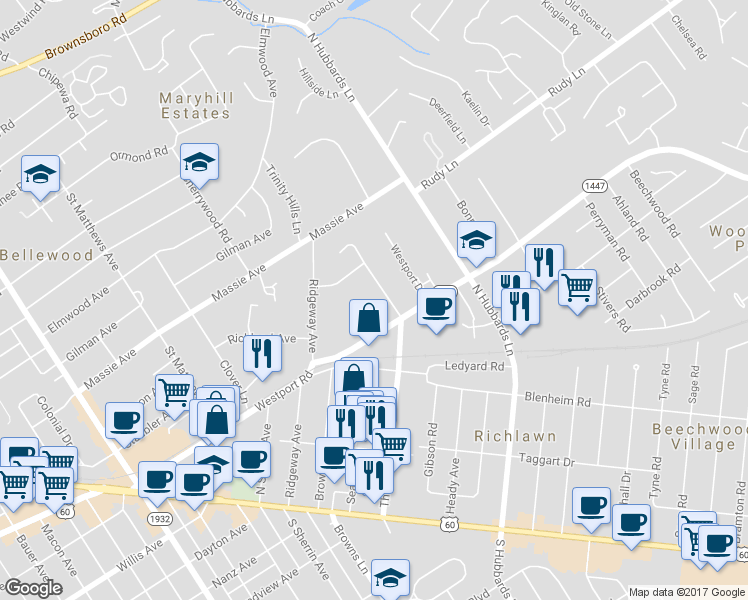 map of restaurants, bars, coffee shops, grocery stores, and more near 314 Primrose Drive in Louisville