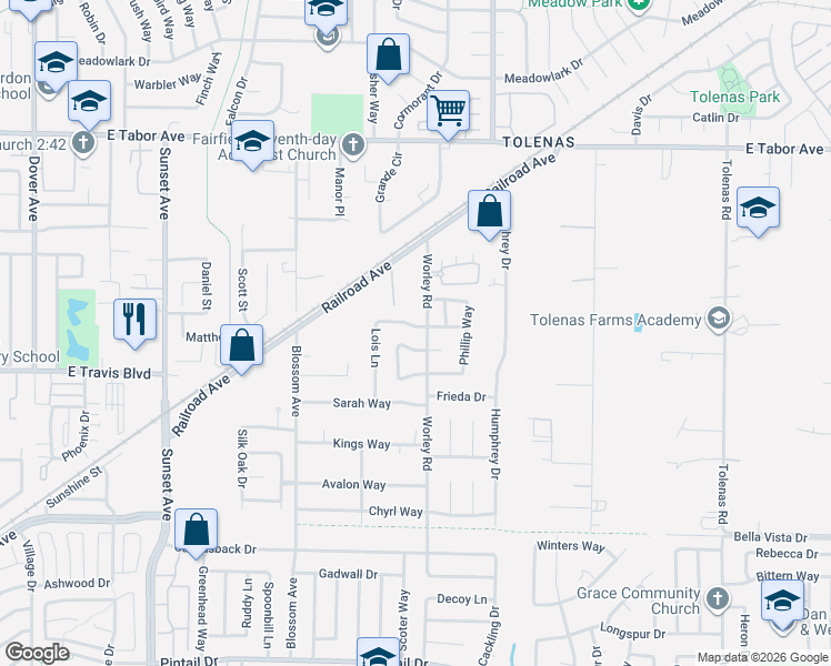 map of restaurants, bars, coffee shops, grocery stores, and more near 1347 Lois Lane in Suisun City