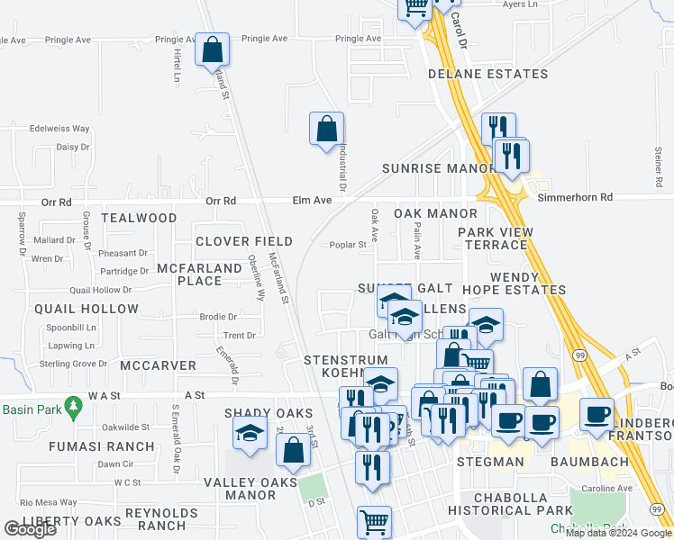 map of restaurants, bars, coffee shops, grocery stores, and more near 649 Alice Rae Circle in Galt