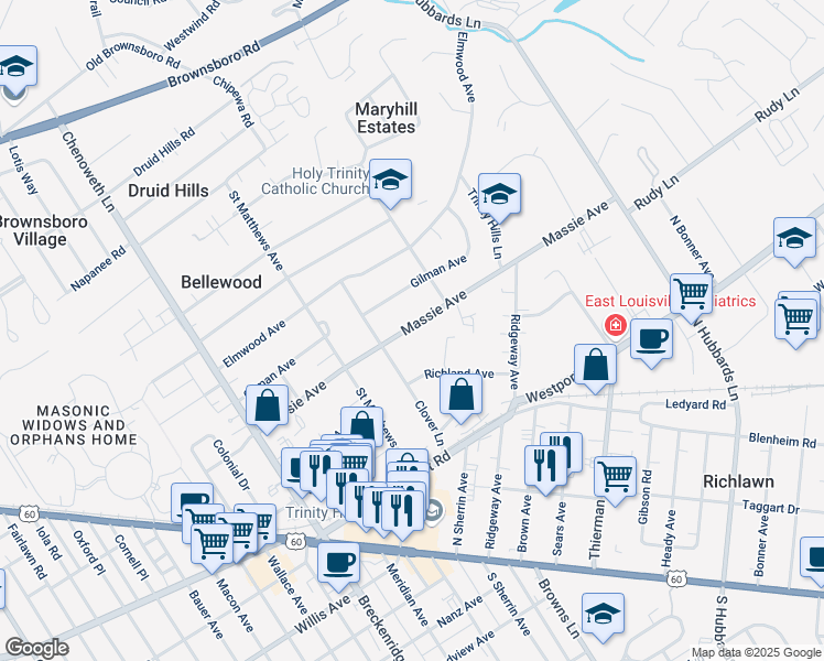 map of restaurants, bars, coffee shops, grocery stores, and more near 308 Exchange Avenue in Louisville