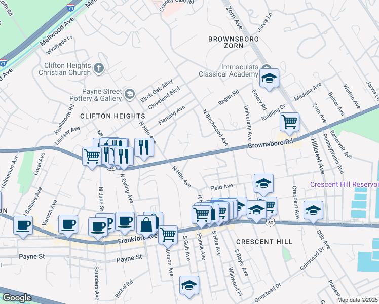 map of restaurants, bars, coffee shops, grocery stores, and more near in Louisville