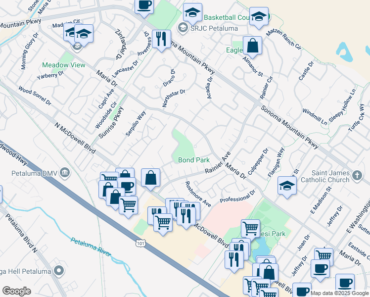 map of restaurants, bars, coffee shops, grocery stores, and more near 261 Banff Way in Petaluma