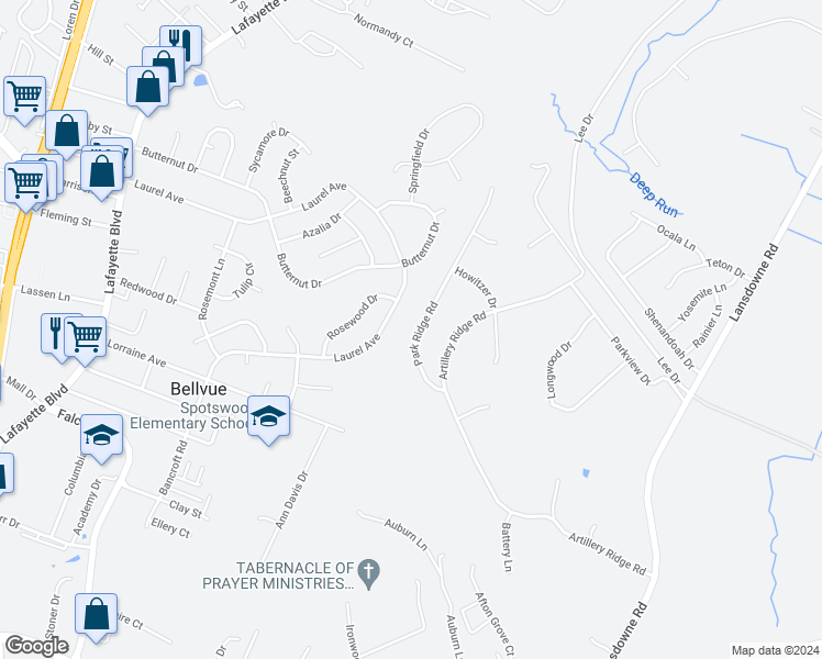 map of restaurants, bars, coffee shops, grocery stores, and more near 10918 Park Ridge Road in Fredericksburg