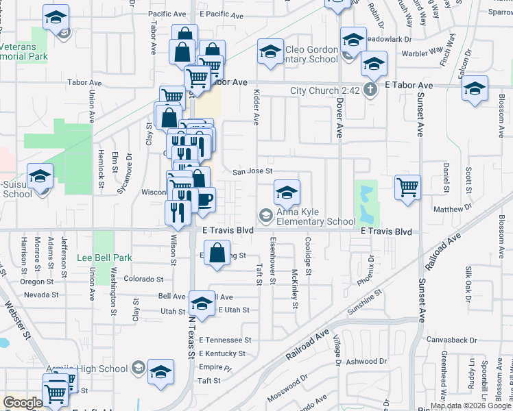 map of restaurants, bars, coffee shops, grocery stores, and more near 1600 Kidder Avenue in Fairfield