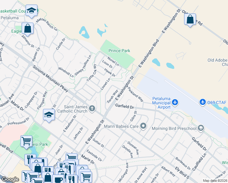 map of restaurants, bars, coffee shops, grocery stores, and more near 332 Sarah Way in Petaluma