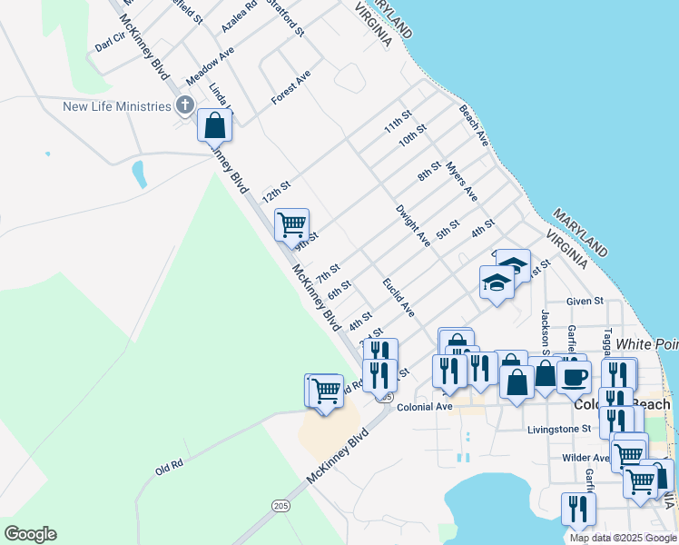 map of restaurants, bars, coffee shops, grocery stores, and more near 326 7th Street in Colonial Beach