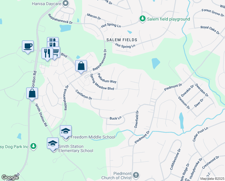 map of restaurants, bars, coffee shops, grocery stores, and more near 11108 Spring Meadow Boulevard in Fredericksburg