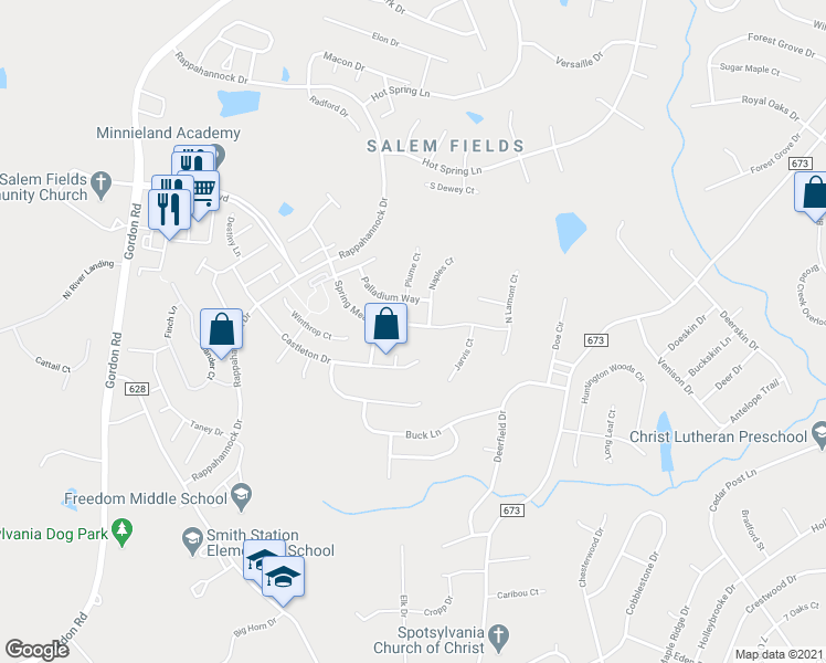 map of restaurants, bars, coffee shops, grocery stores, and more near 11108 Spring Meadow Boulevard in Fredericksburg
