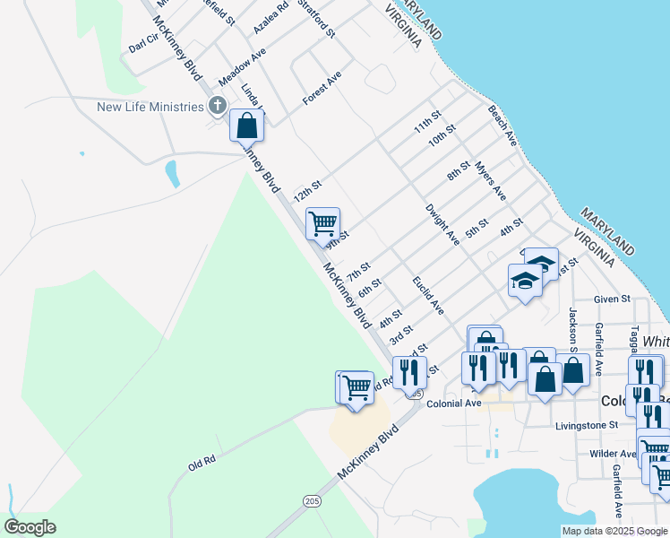map of restaurants, bars, coffee shops, grocery stores, and more near 349 8th Street in Colonial Beach