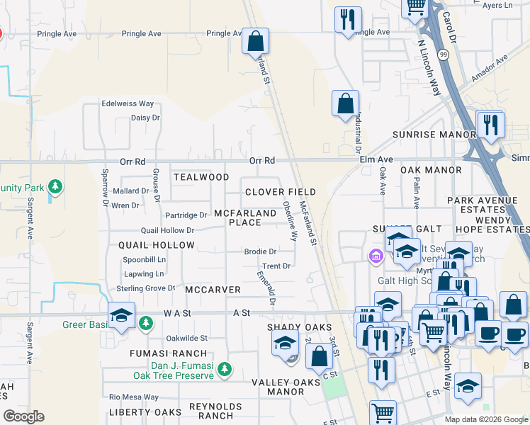 map of restaurants, bars, coffee shops, grocery stores, and more near 81 Lorna Way in Galt