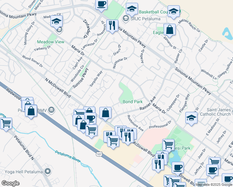 map of restaurants, bars, coffee shops, grocery stores, and more near 432 Yosemite Court in Petaluma