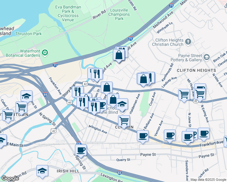 map of restaurants, bars, coffee shops, grocery stores, and more near 1850 Brownsboro Road in Louisville