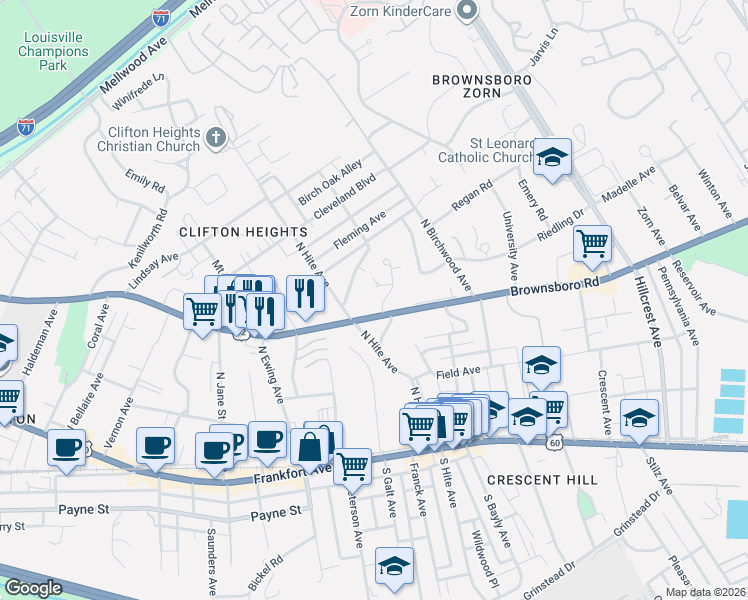 map of restaurants, bars, coffee shops, grocery stores, and more near in Louisville