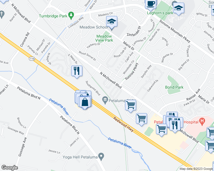 map of restaurants, bars, coffee shops, grocery stores, and more near 745 North McDowell Boulevard in Petaluma