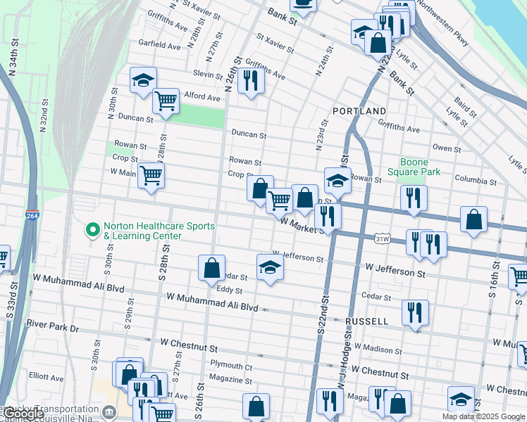 map of restaurants, bars, coffee shops, grocery stores, and more near 2414 West Market Street in Louisville