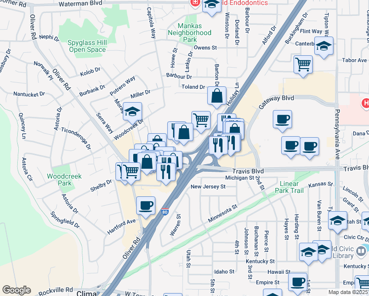 map of restaurants, bars, coffee shops, grocery stores, and more near Travis Boulevard in Fairfield