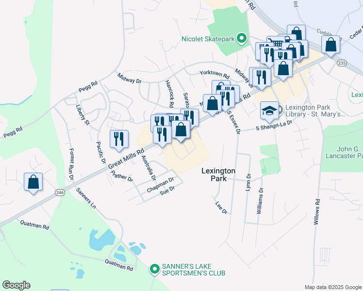 map of restaurants, bars, coffee shops, grocery stores, and more near 21600 Great Mills Road in Lexington Park