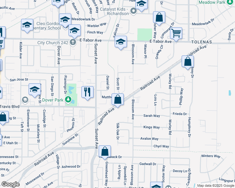 map of restaurants, bars, coffee shops, grocery stores, and more near 1499 Matthew Drive in Fairfield