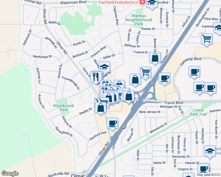 map of restaurants, bars, coffee shops, grocery stores, and more near 3070 Travis Boulevard in Fairfield