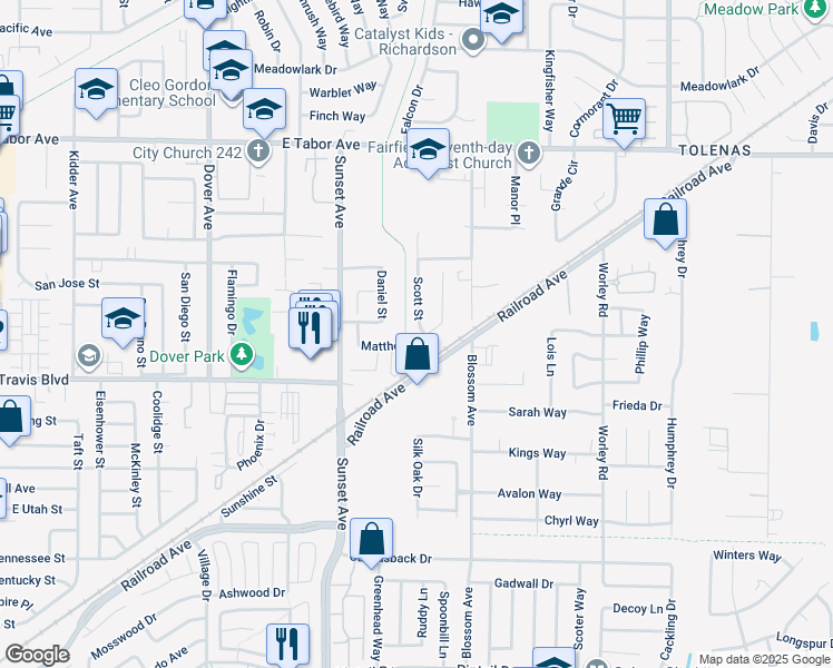 map of restaurants, bars, coffee shops, grocery stores, and more near 1499 Matthew Drive in Fairfield