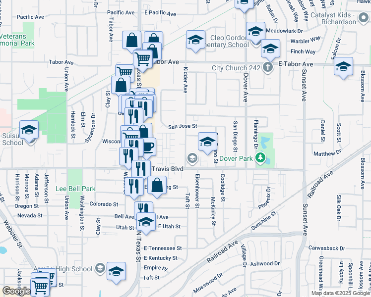 map of restaurants, bars, coffee shops, grocery stores, and more near 1600 Kidder Avenue in Fairfield