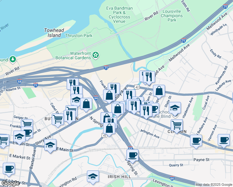 map of restaurants, bars, coffee shops, grocery stores, and more near 1607 Frankfort Avenue in Louisville